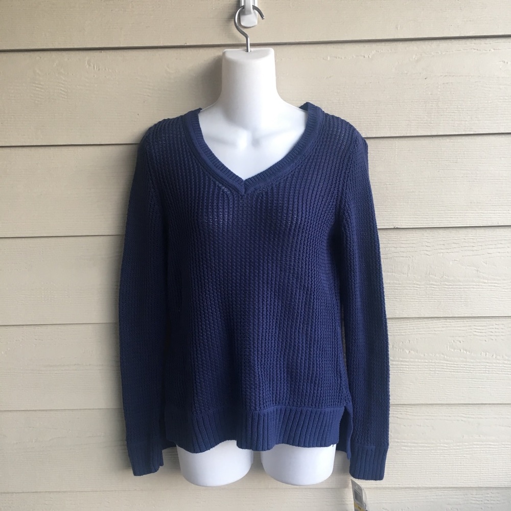 Blue PM Ribbed Sweater 100% Cotton NWT Petite V-neck Long Sleeves